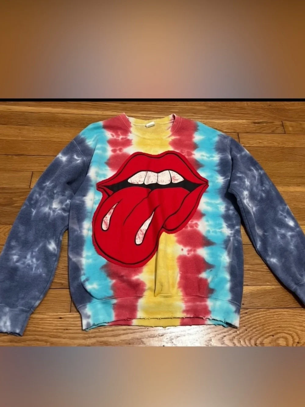 Madeworn Tie-Dye Graphic Crewneck Sweatshirt with Red Lip Print